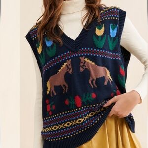 Found Horse Isles Knit Sweater Vest Size XL Navy Blue Floral Horse Girl Oversize
